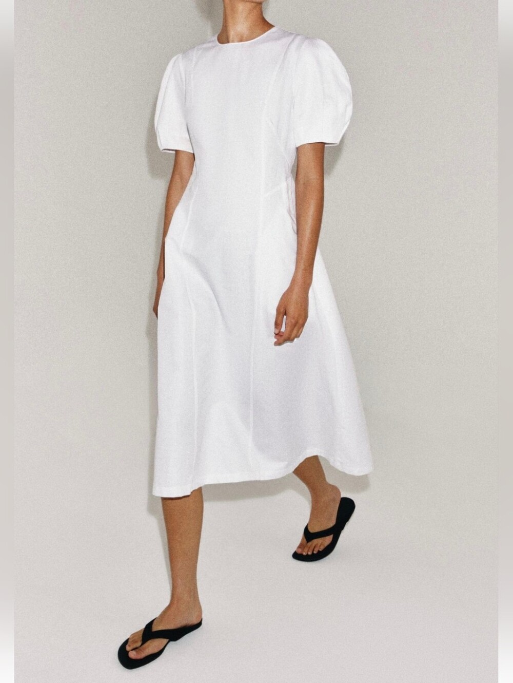 Zara White LINEN BLEND MIDI DRESS(M)